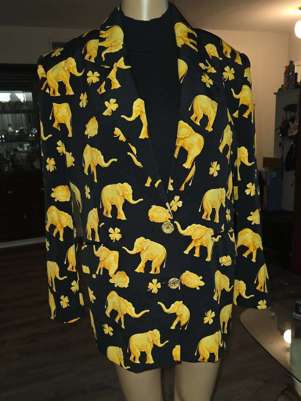 Black & Yellow Elephant Print Blazer - Women's Statement Size Medium Jacket
